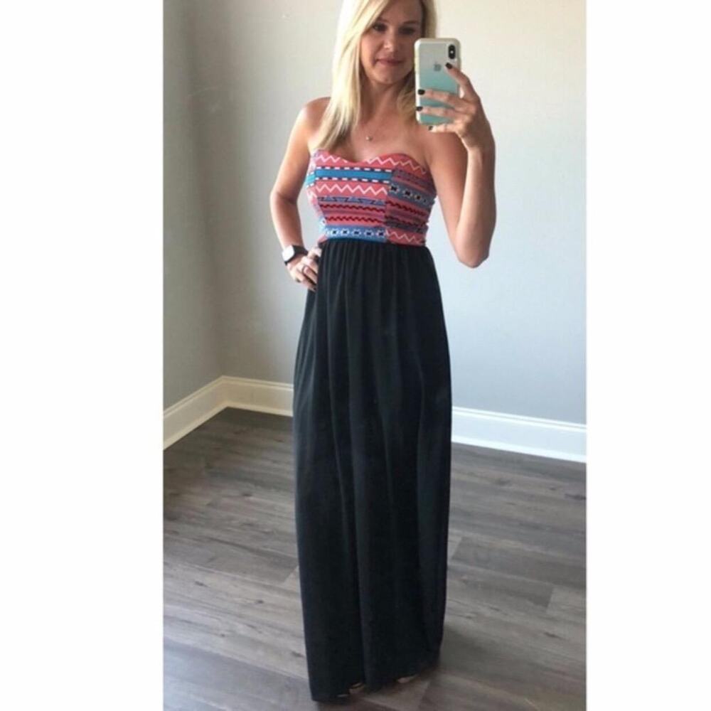 NEW Boutique S Black & Pink Aztec Print Strapless Sweetheart Maxi Dress